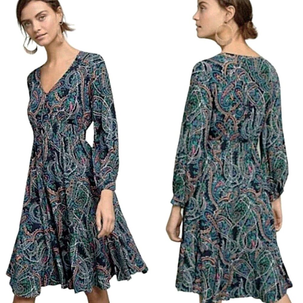 Maeve Anthropologie Paisley Wrap Dress Navy Teal Long Sleeve Ruffle Hem Boho Sm